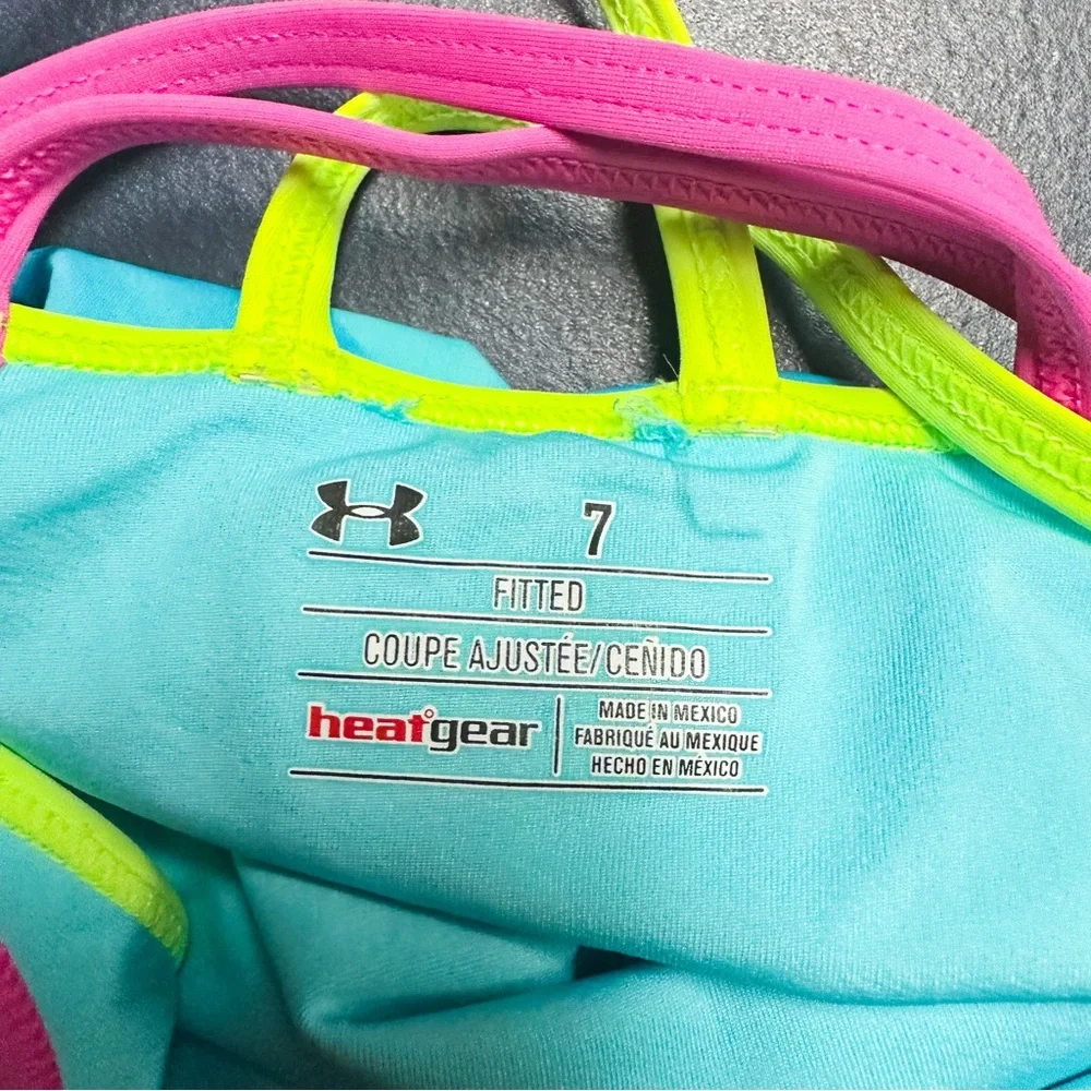Under Armour Neon Blue Yellow & Pink Double Racerback One Piece Swimsuit Size 7